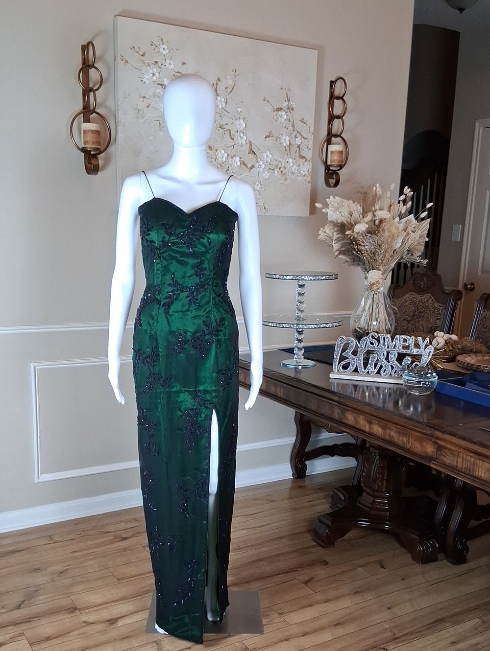 Women's Emerald Green Beaded Spaghetti-Strap Floor Length Evening Gown Size S - Picture 9 of 16